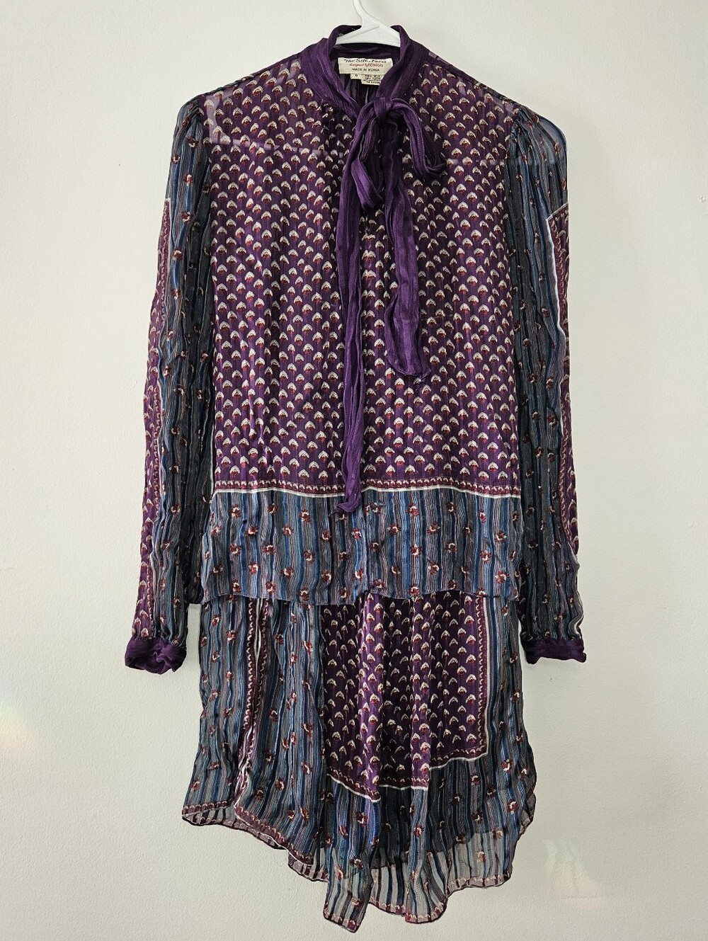 The Silk Farm By Icinoo Silk 1970's Top And Skirt Set Purple Blue Womens Size 8